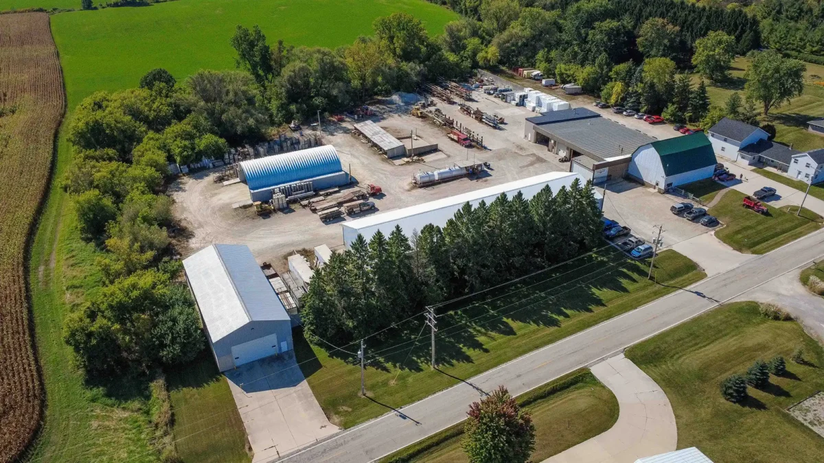 Drone view of the Van Wyks Inc. headquarters and concrete construction facility in Waldo, Wisconsin.